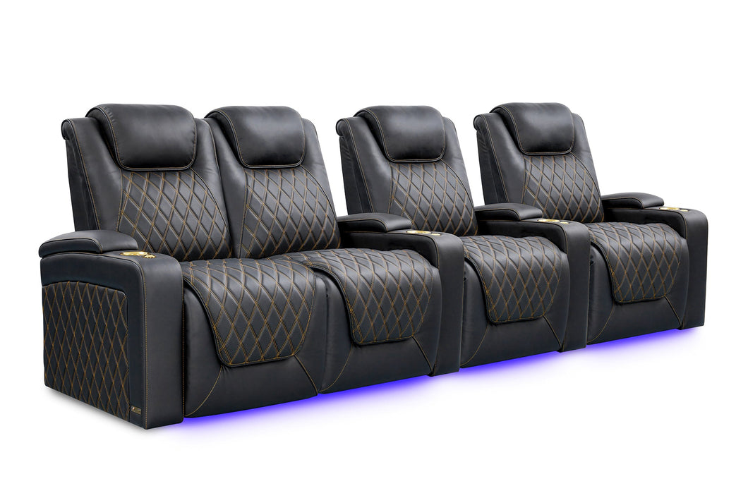 Valencia 2025 New Oslo Ultimate Luxury Leather Home Theater Seating Row of 4 Loveseat Left, Onyx with Gold Stitching