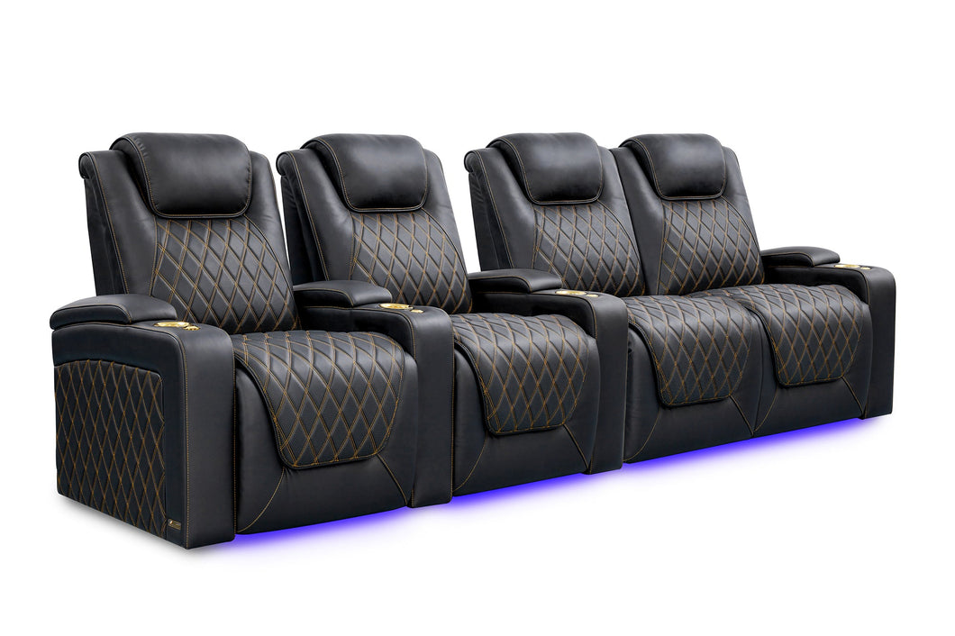 Valencia 2025 New Oslo Ultimate Luxury Leather Home Theater Seating Row of 4 Loveseat Right, Onyx with Gold Stitching