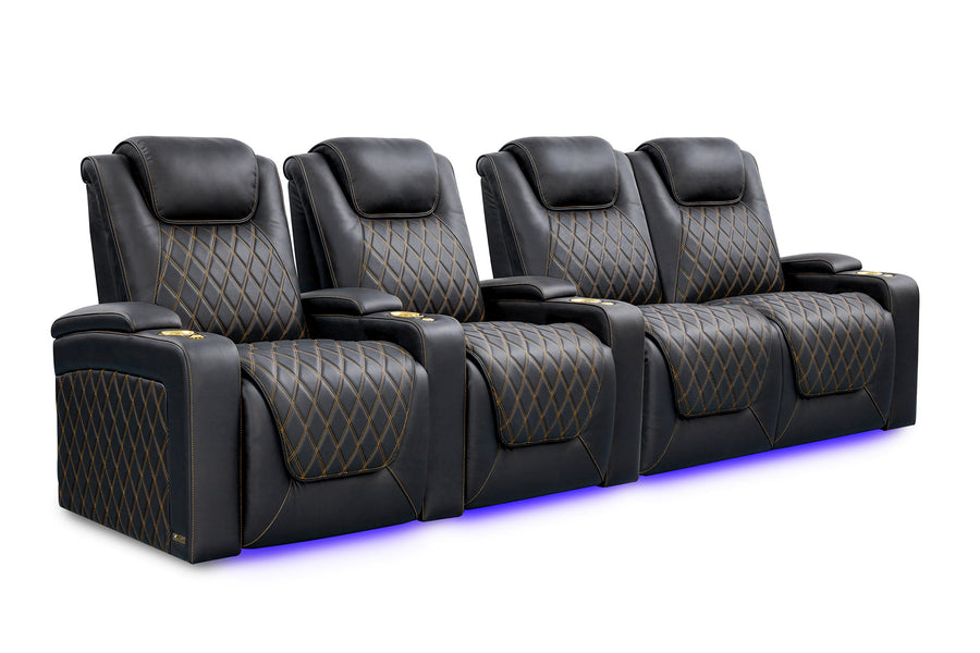 Valencia 2025 New Oslo Ultimate Luxury Leather Home Theater Seating Row of 4 Loveseat Right, Onyx with Gold Stitching