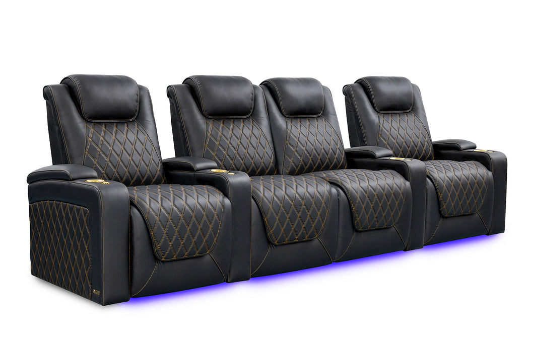 Valencia 2025 New Oslo Ultimate Luxury Leather Home Theater Seating Row of 4 Loveseat Center, Onyx with Gold Stitching