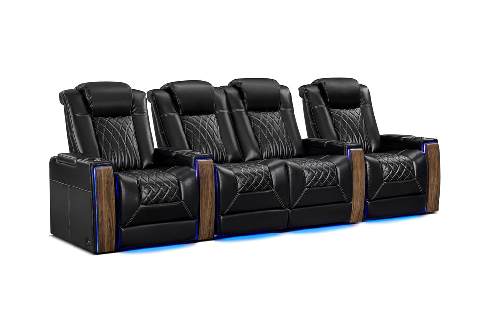 Valencia Tuscany Executive Heat & Massage Leather Home Theater Seating Row of 4 Loveseat Center, Midnight Black