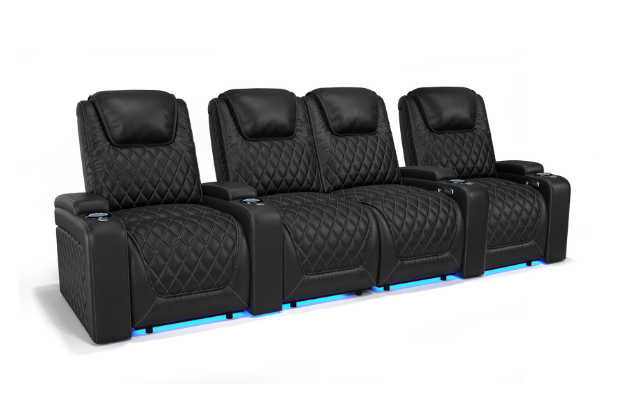 Valencia 2025 New Oslo Leather Home Theater Seating Row of 4 Loveseat Center, Midnight Black
