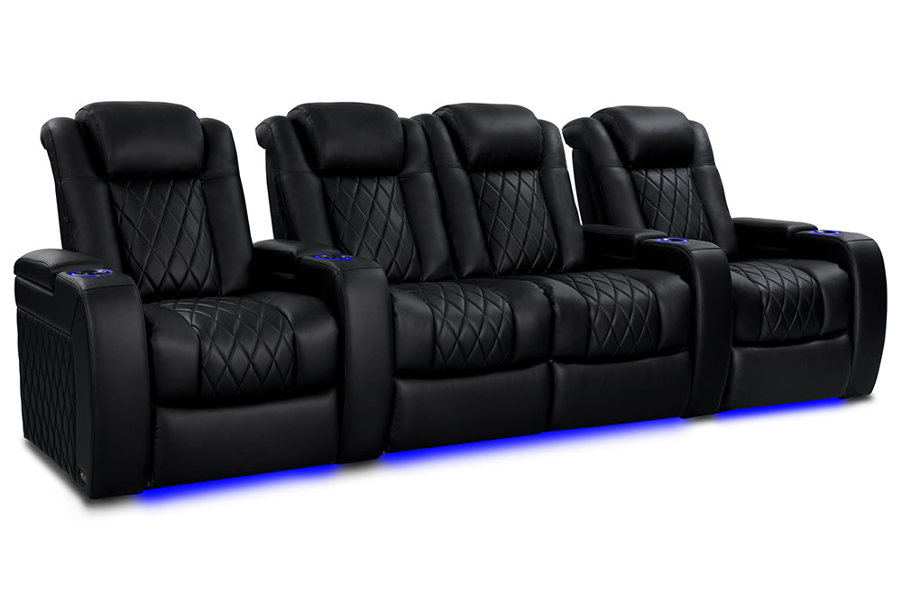 Valencia Tuscany Heat & Massage Leather Home Theater Seating Row of 4 Loveseat Center, Midnight Black