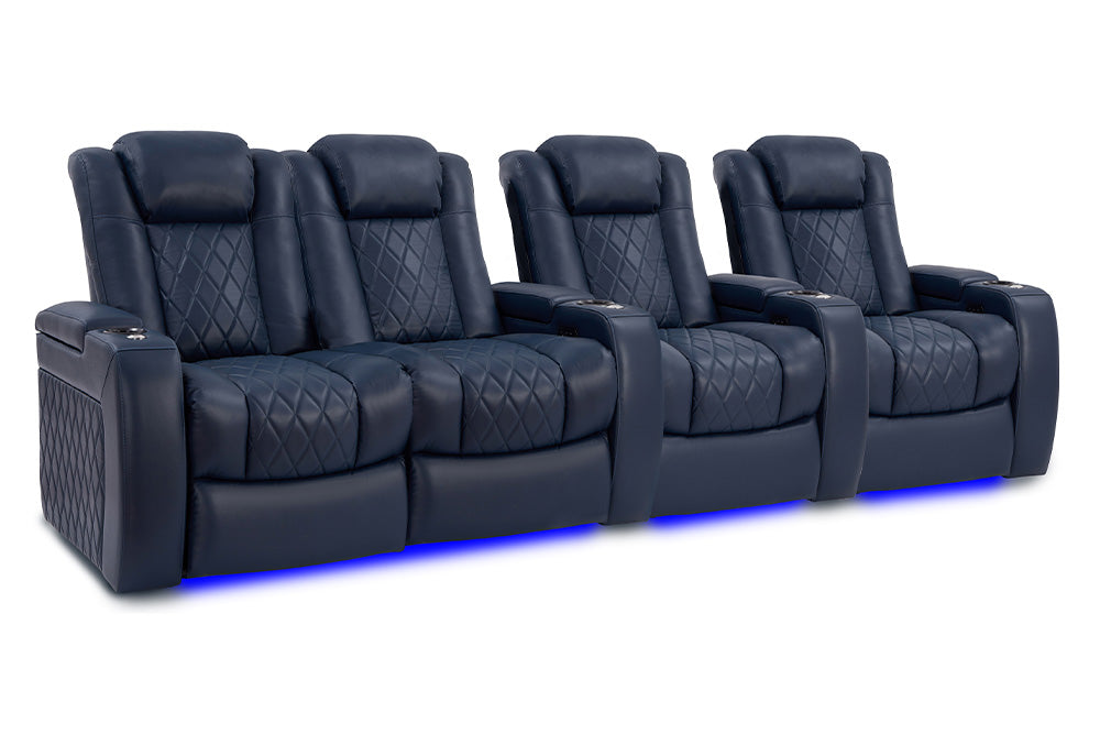 Valencia Tuscany Leather Home Theater Seating Row of 4 Loveseat Left, Navy Blue