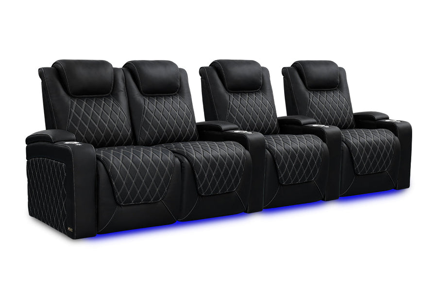 Valencia 2025 New Oslo Ultimate Luxury Leather Home Theater Seating Row of 4 Loveseat Left, Onyx with Silver Stitching