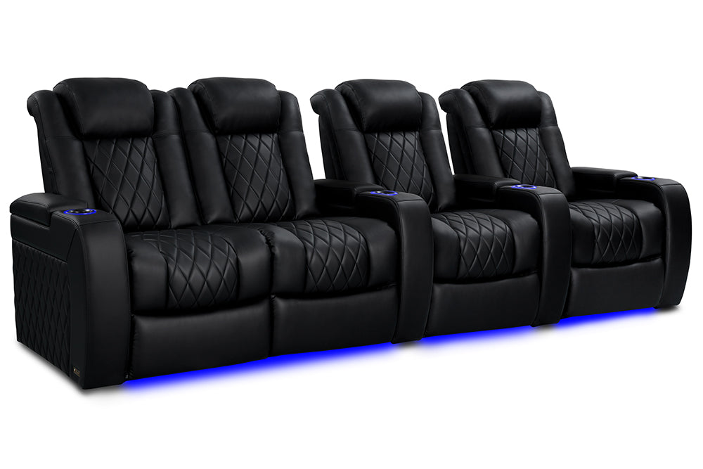 Valencia Tuscany Heat & Massage Leather Home Theater Seating Row of 4 Loveseat Left, Midnight Black