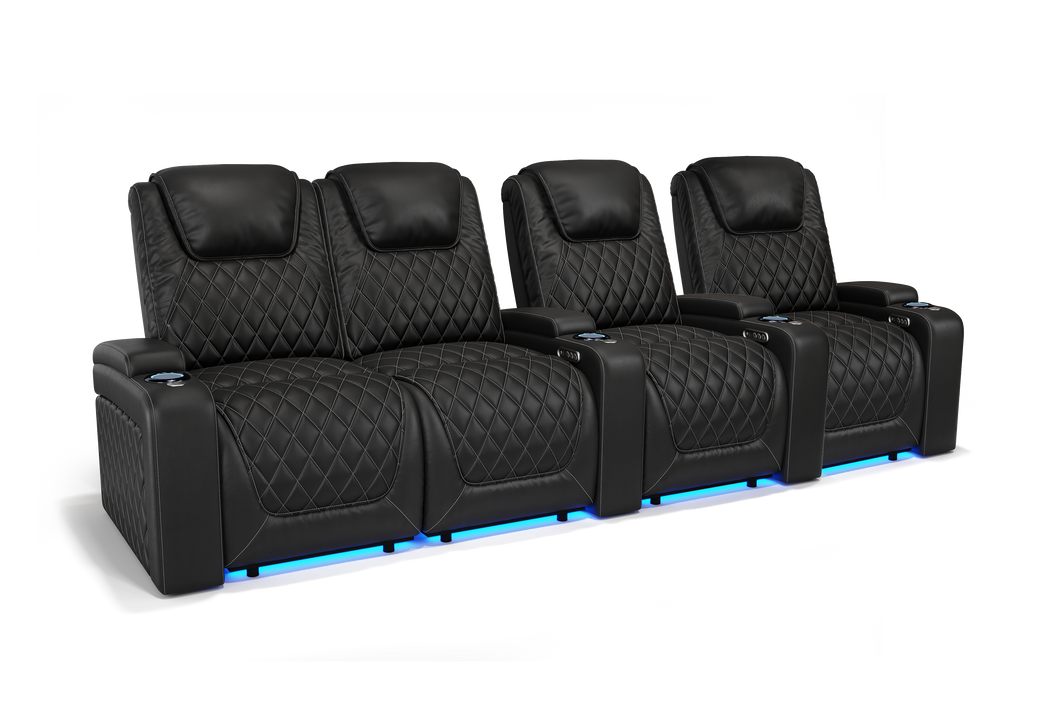 Valencia 2025 New Oslo Leather Home Theater Seating Row of 4 Loveseat Left, Midnight Black