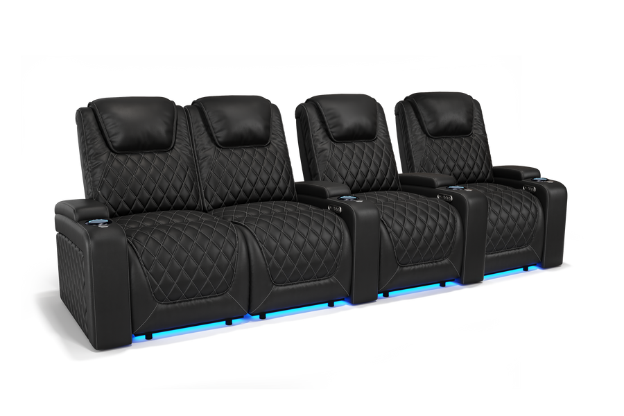 Valencia 2025 New Oslo Leather Home Theater Seating Row of 4 Loveseat Left, Midnight Black