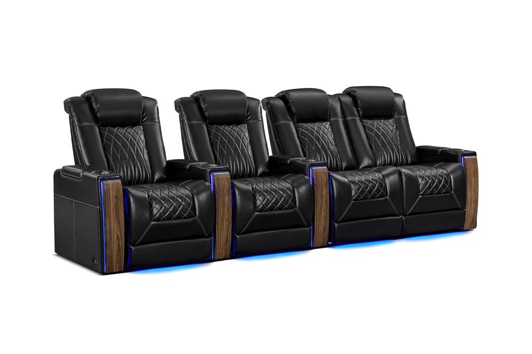 Valencia 2025 New Tuscany Executive Heat & Massage Leather Home Theater Seating Row of 4 Loveseat Right, Midnight Black