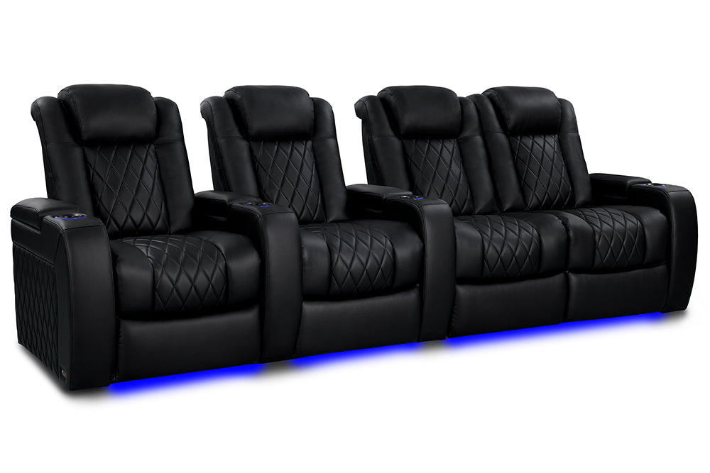 Valencia Tuscany Heat & Massage Leather Home Theater Seating Row of 4 Loveseat Right, Midnight Black