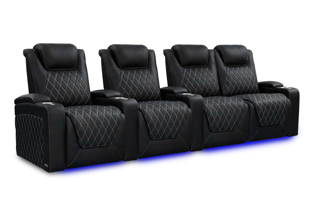 Valencia 2025 New Oslo Ultimate Luxury Leather Home Theater Seating Row of 4 Loveseat Right, Onyx with Silver Stitching