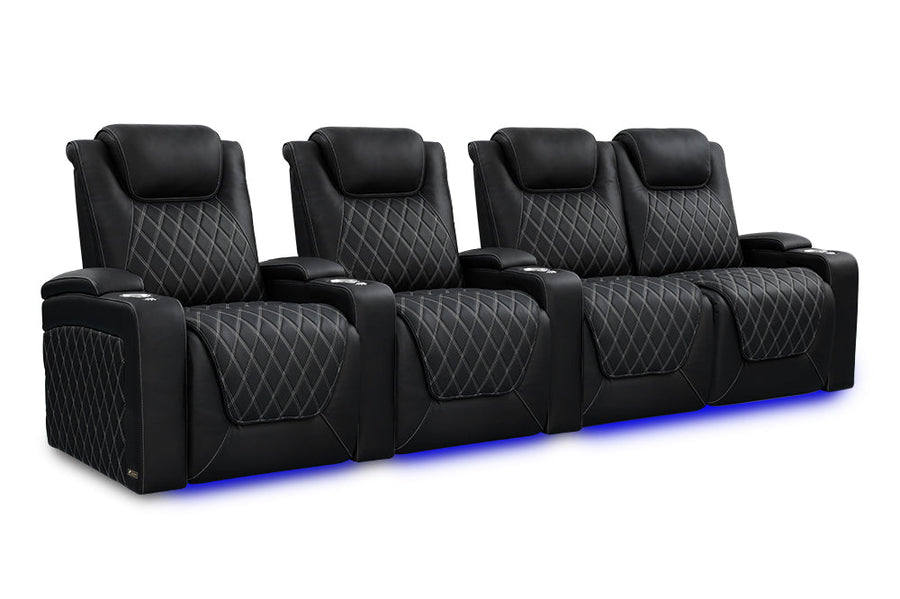 Valencia 2025 New Oslo Ultimate Luxury Leather Home Theater Seating Row of 4 Loveseat Right, Onyx with Silver Stitching