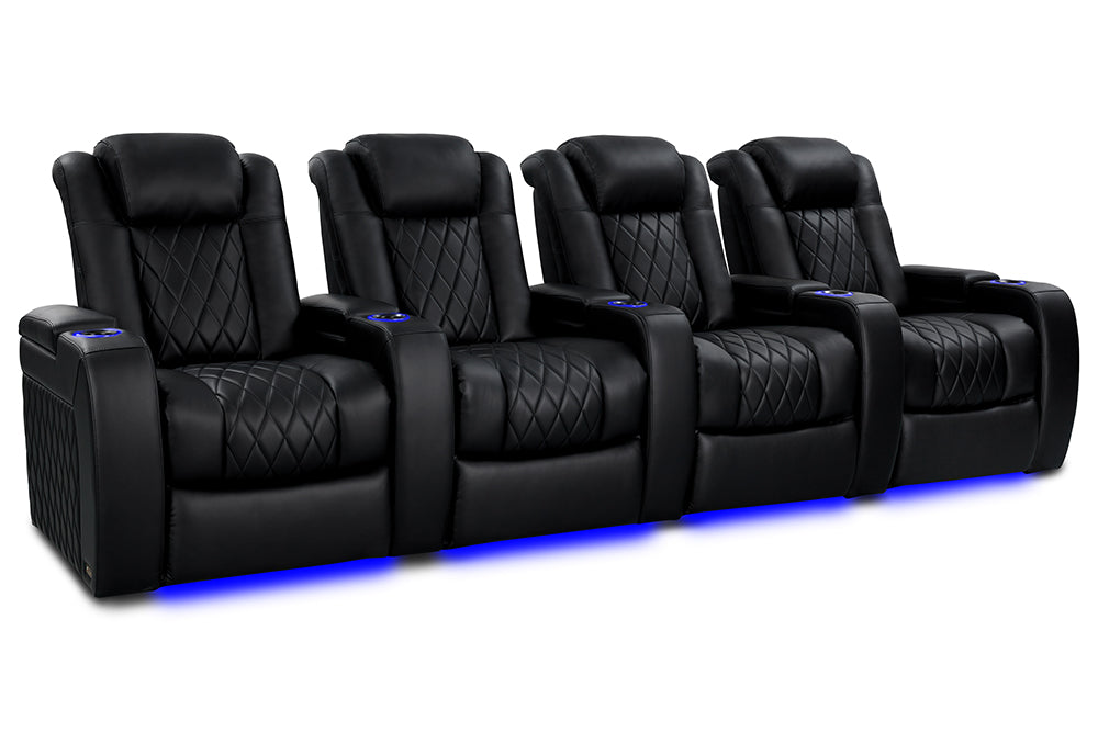 Valencia Tuscany Heat & Massage Leather Home Theater Seating Row of 4, Midnight Black