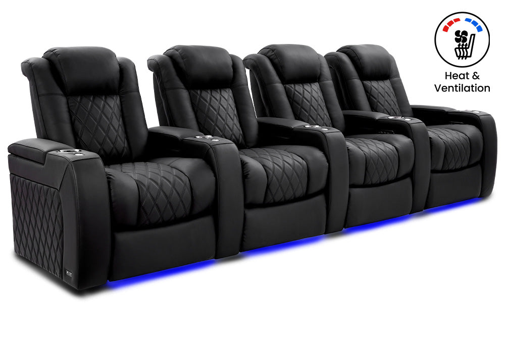 Valencia Tuscany Ultimate Luxury Heat & Ventilation Leather Home Theater Seating Row of 4, Onyx