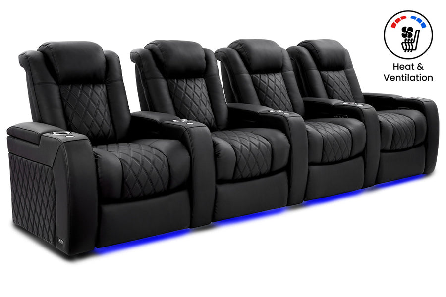 Valencia 2025 New Tuscany Ultimate Luxury Heat & Ventilation Leather Home Theater Seating Row of 4, Onyx