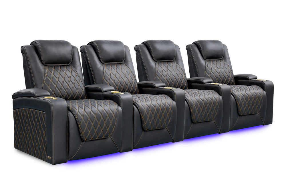 Valencia Oslo Ultimate Luxury Leather Home Theater Seating Row of 4, Onyx with Gold Stitching