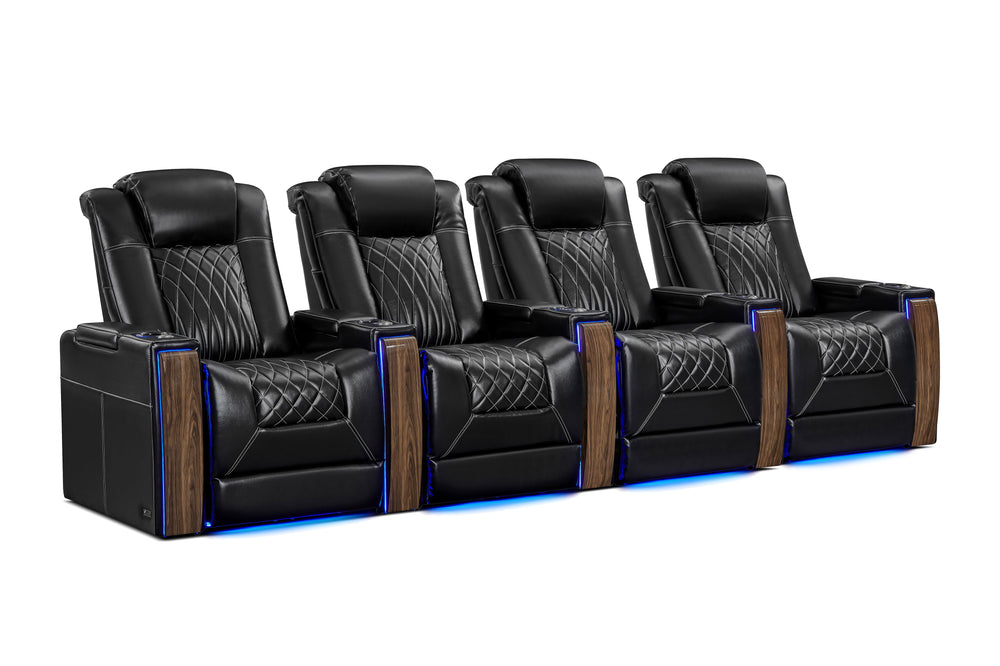 Valencia Tuscany Executive Heat & Massage Leather Home Theater Seating Row of 4, Midnight Black