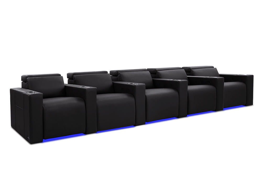 Valencia Barcelona Leather Home Theater Seating Row of 5, Midnight Black