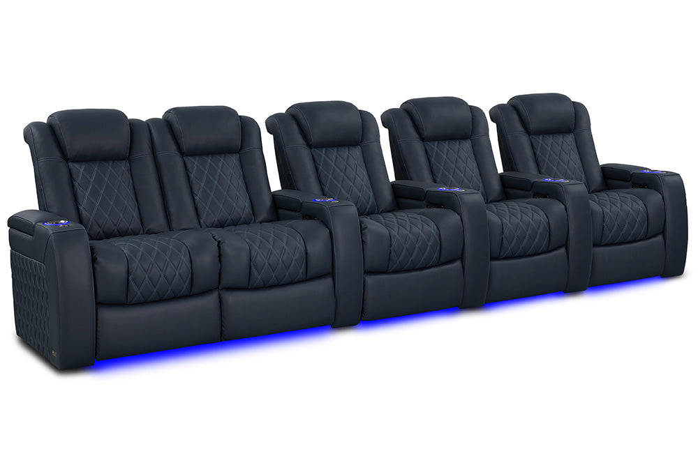 Valencia Tuscany Luxury Leather Home Theater Seating Row of 5 Loveseat Left, Moonlight Blue