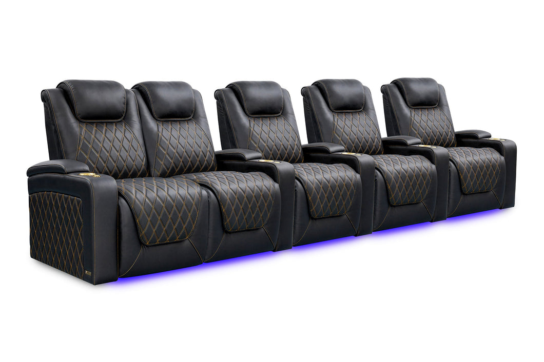 Valencia 2025 New Oslo Ultimate Luxury Leather Home Theater Seating Row of 5 Loveseat Left, Onyx with Gold Stitching