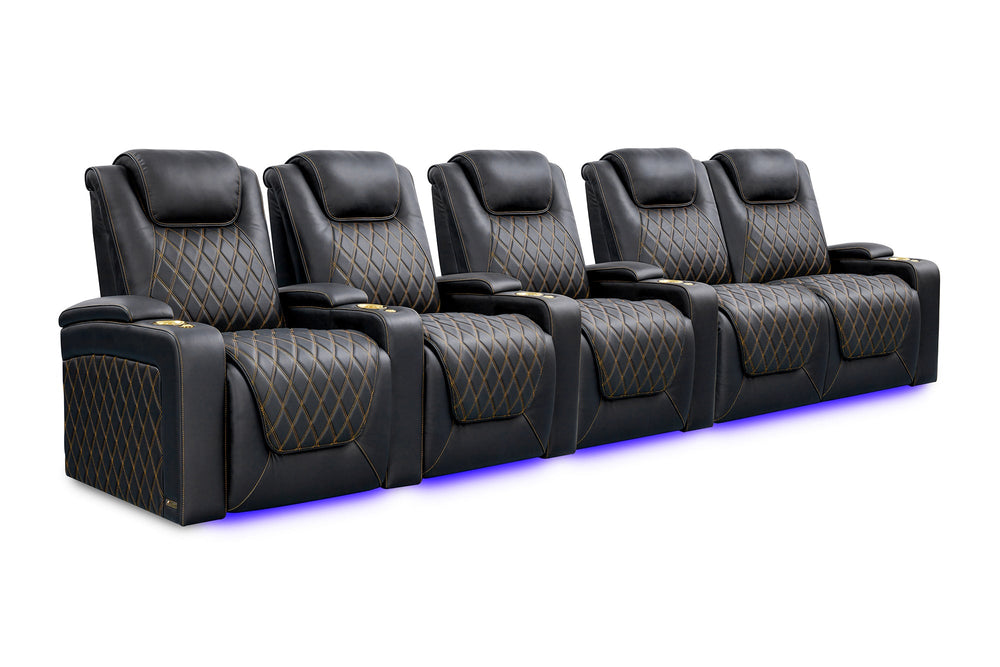 Valencia Oslo Ultimate Luxury Leather Home Theater Seating Row of 5 Loveseat Right, Onyx with Gold Stitching