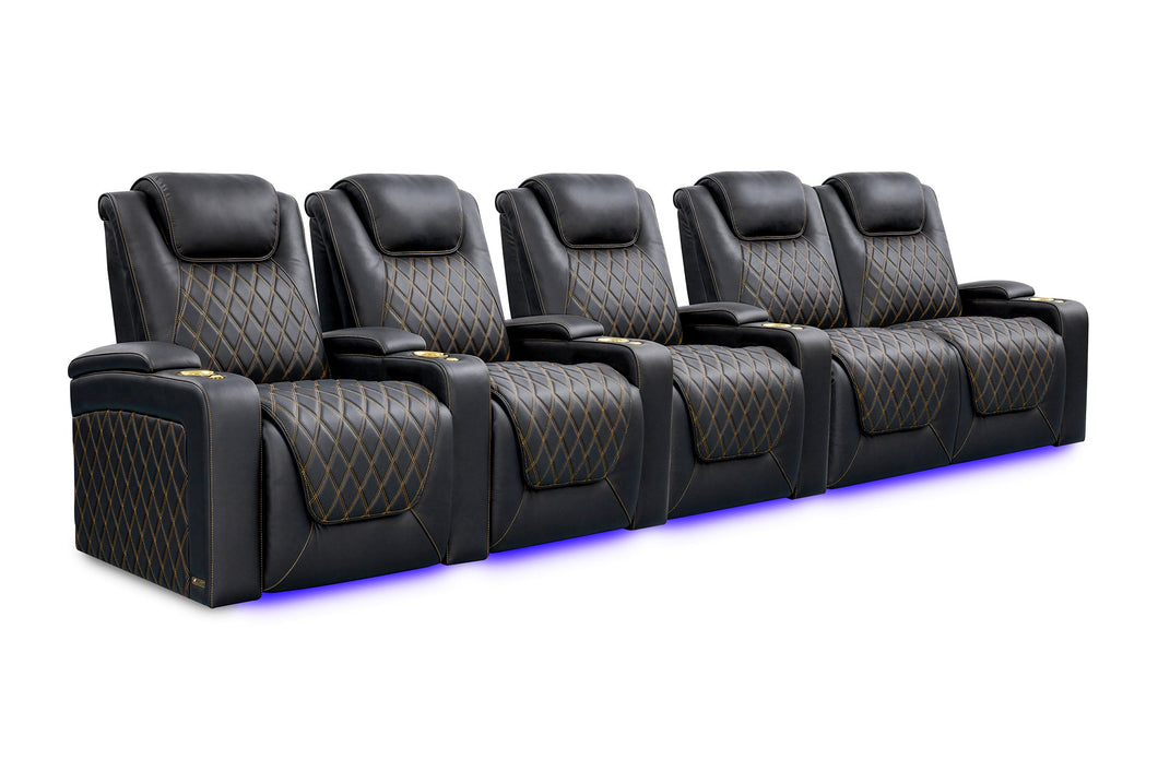 Valencia 2025 New Oslo Ultimate Luxury Leather Home Theater Seating Row of 5 Loveseat Right, Onyx with Gold Stitching
