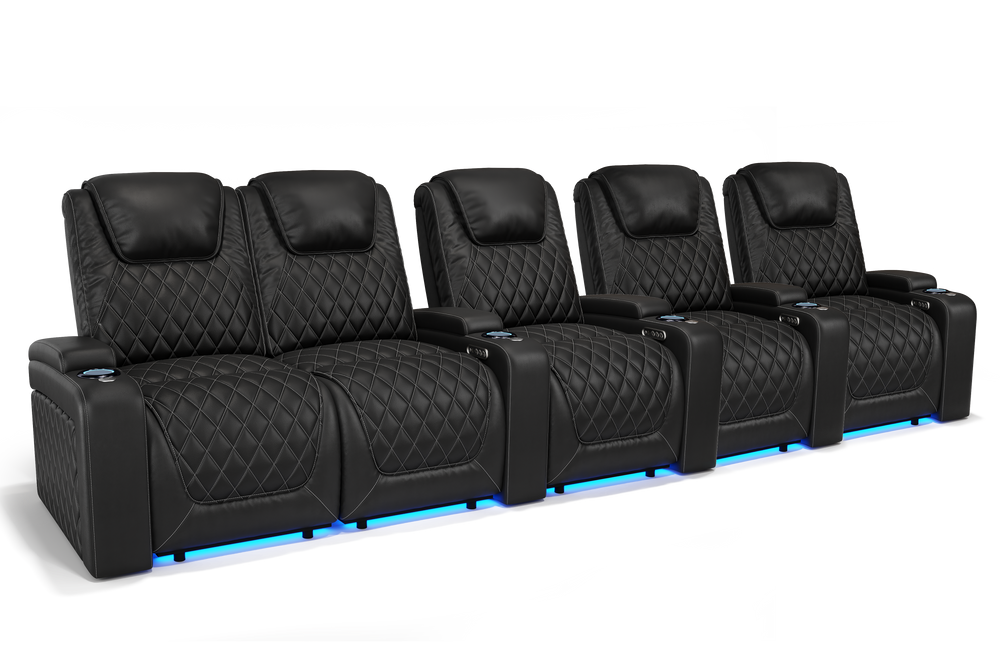 Valencia 2025 New Oslo Leather Home Theater Seating Row of 5 Loveseat Left, Midnight Black