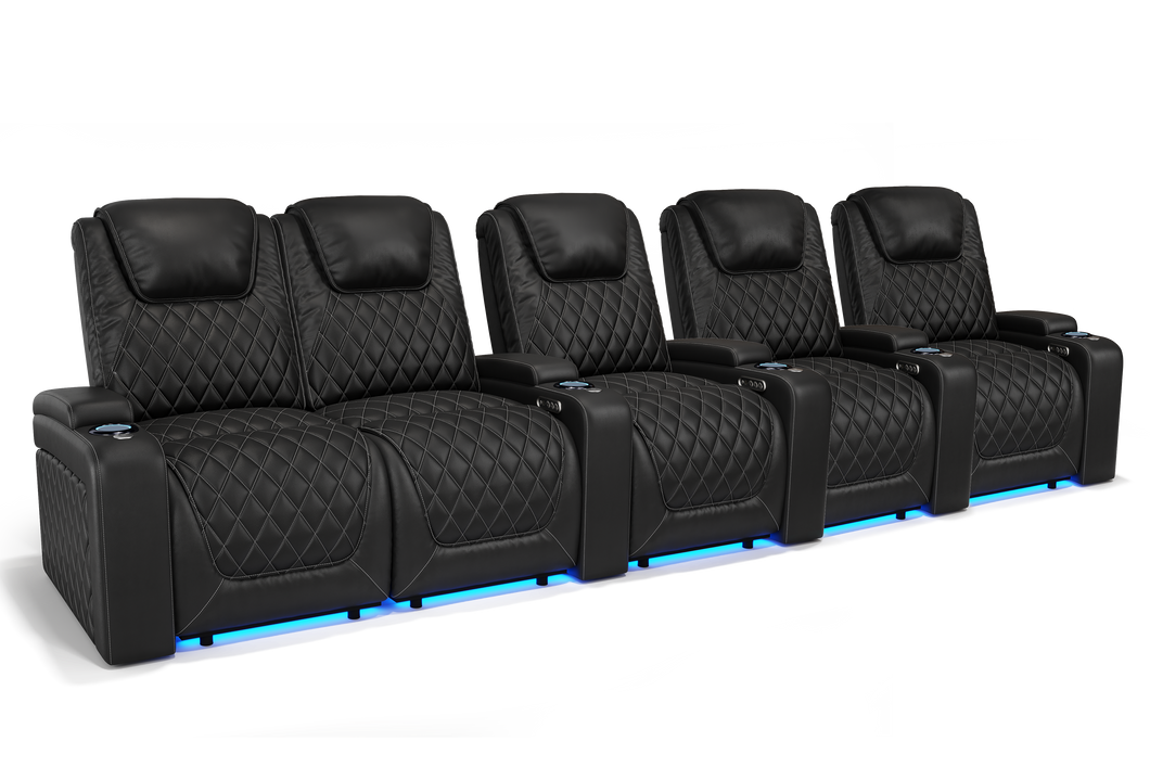 Valencia 2025 New Oslo Leather Home Theater Seating Row of 5 Loveseat Left, Midnight Black