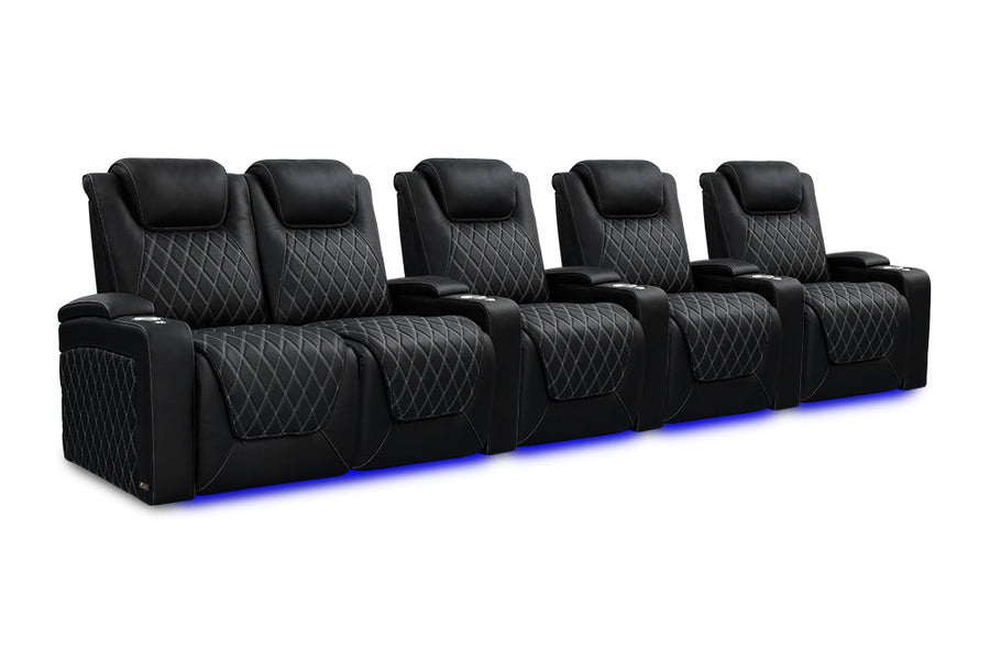 Valencia 2025 New Oslo Ultimate Luxury Leather Home Theater Seating Row of 5 Loveseat Left, Onyx with Silver Stitching