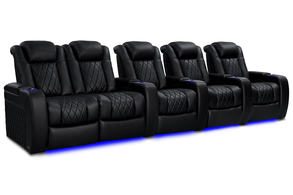 Valencia Tuscany Heat & Massage Leather Home Theater Seating Row of 5 Loveseat Left, Midnight Black