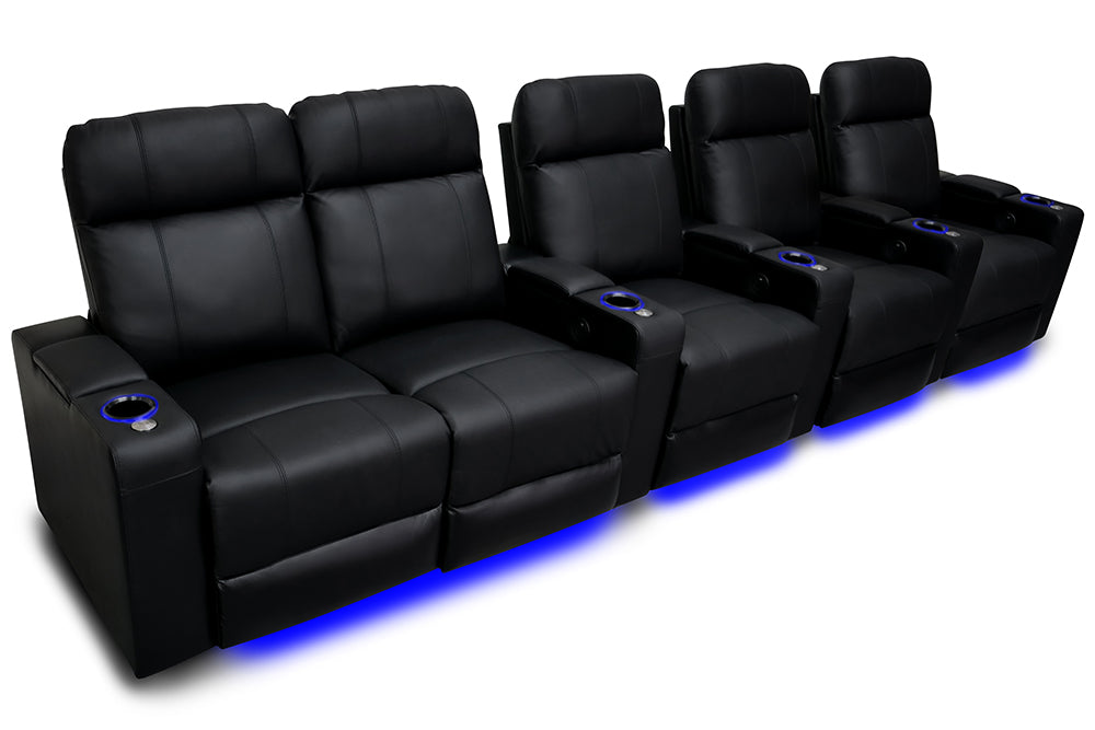 Valencia Piacenza Leather Home Theater Seating Power Headrest Row of 5 Loveseat Left, Black