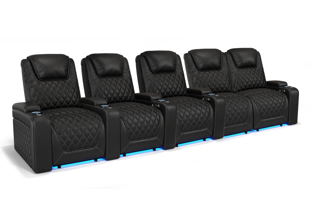 Valencia 2025 New Oslo Leather Home Theater Seating Row of 5 Loveseat Right, Midnight Black