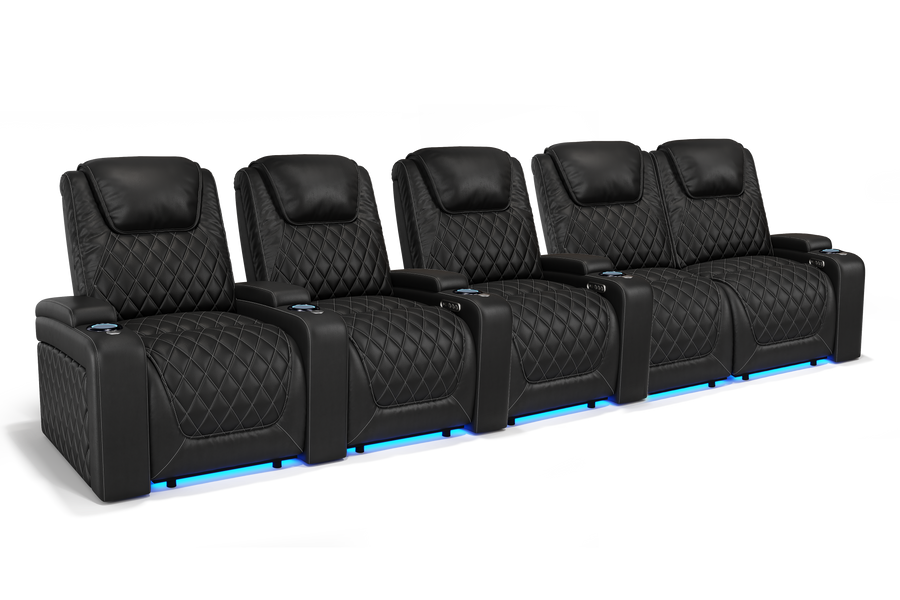 Valencia 2025 New Oslo Leather Home Theater Seating Row of 5 Loveseat Right, Midnight Black