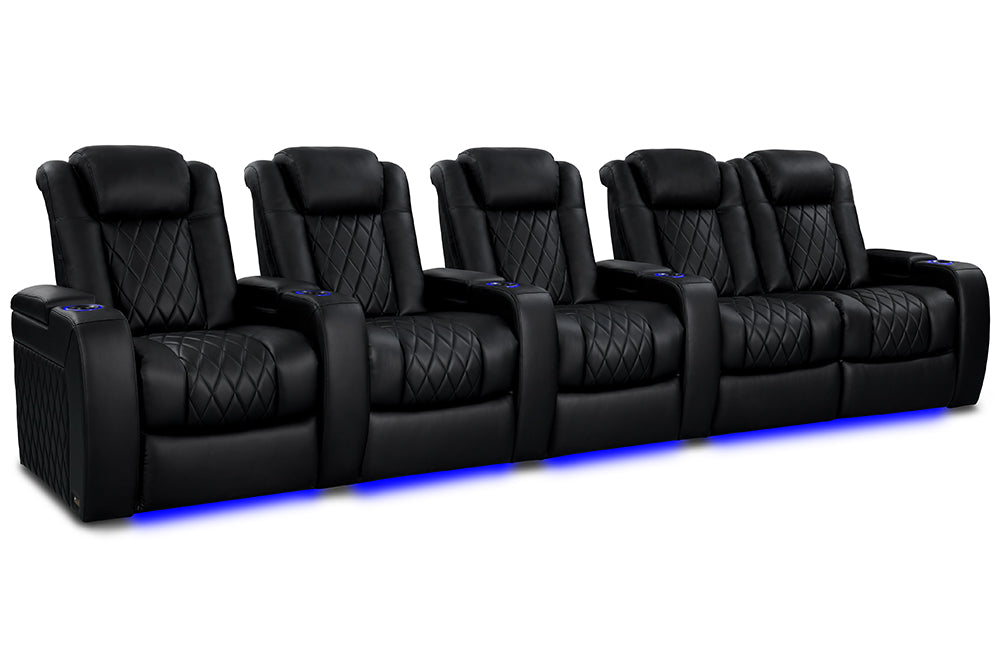 Valencia Tuscany Heat & Massage Leather Home Theater Seating Row of 5 Loveseat Right, Midnight Black