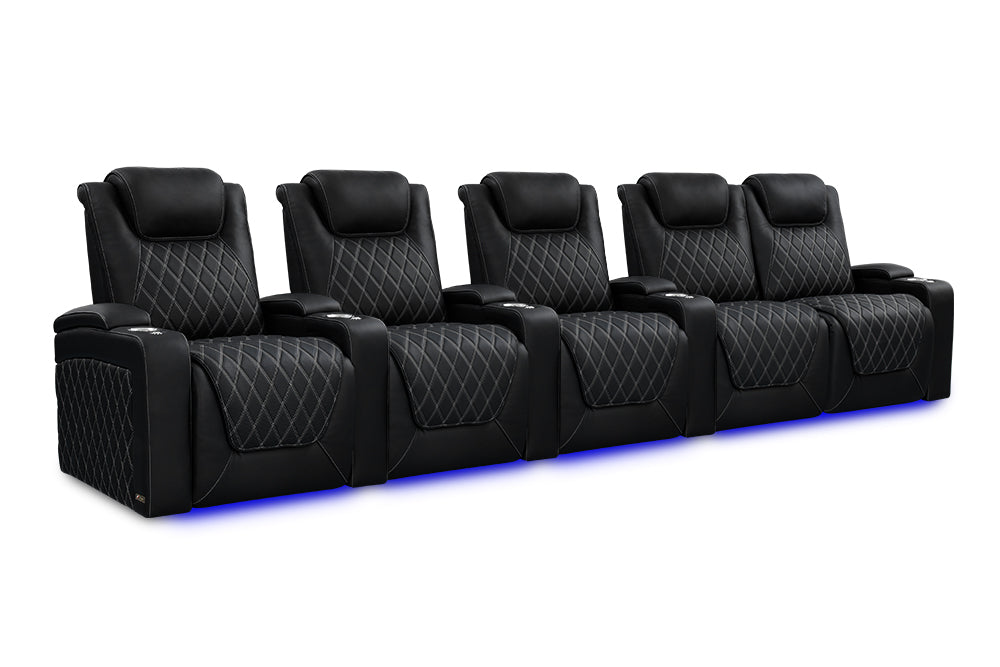 Valencia 2025 New Oslo Ultimate Luxury Leather Home Theater Seating Row of 5 Loveseat Right, Onyx with Silver Stitching