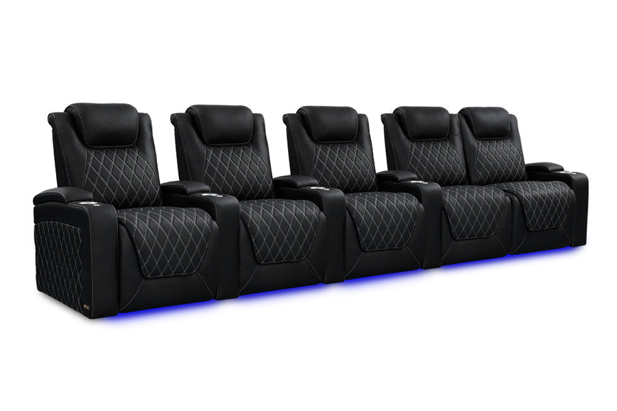 Valencia 2025 New Oslo Ultimate Luxury Leather Home Theater Seating Row of 5 Loveseat Right, Onyx with Silver Stitching
