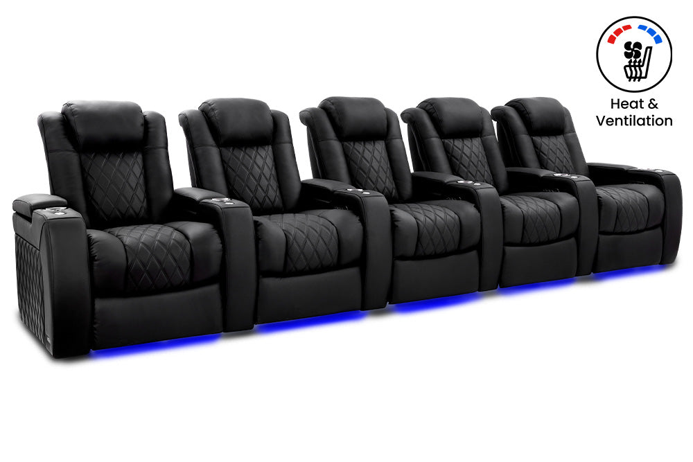 Valencia 2025 New Tuscany Ultimate Luxury Heat & Ventilation Leather Home Theater Seating Row of 5, Onyx