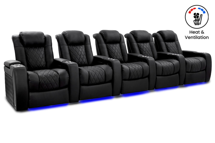Valencia 2025 New Tuscany Ultimate Luxury Heat & Ventilation Leather Home Theater Seating Row of 5, Onyx