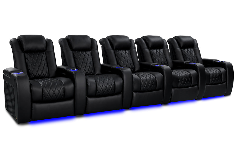 Valencia Tuscany Heat & Massage Leather Home Theater Seating Row of 5, Midnight Black