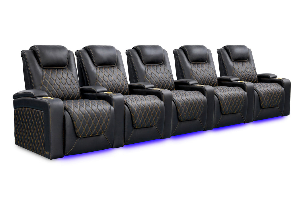 Valencia 2025 New Oslo Ultimate Luxury Leather Home Theater Seating Row of 5, Onyx with Gold Stitching