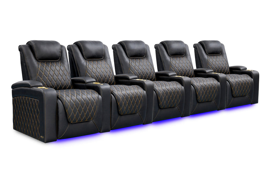 Valencia 2025 New Oslo Ultimate Luxury Leather Home Theater Seating Row of 5, Onyx with Gold Stitching