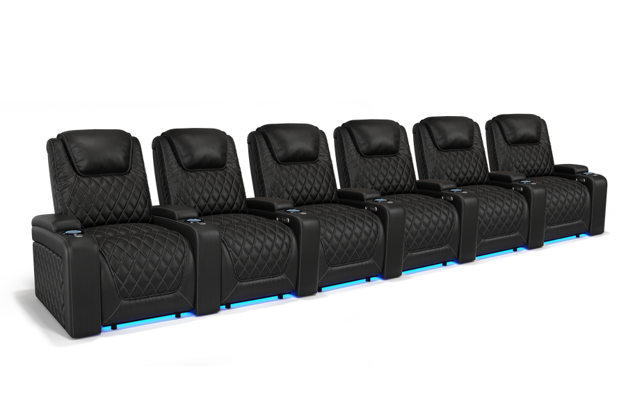Valencia 2025 New Oslo Leather Home Theater Seating Row of 6, Midnight Black