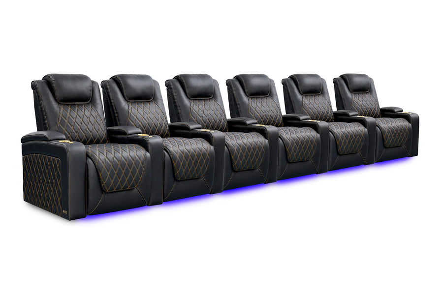 Valencia 2025 New Oslo Ultimate Luxury Leather Home Theater Seating Row of 6, Onyx with Gold Stitching
