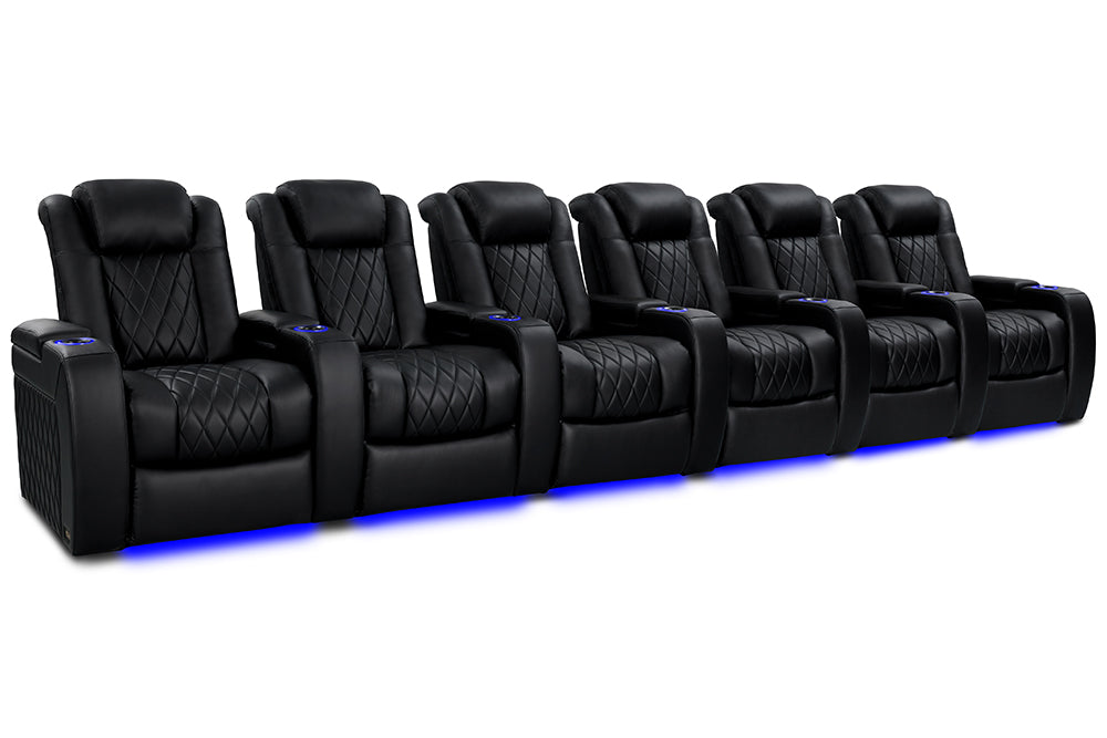 Valencia Tuscany Heat & Massage Leather Home Theater Seating Row of 6, Midnight Black