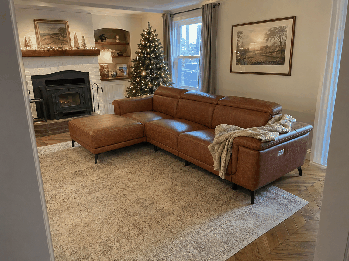 Family gathering around leather furniture