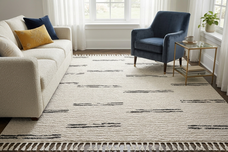 Riad Black Striped White Rug with Tassels