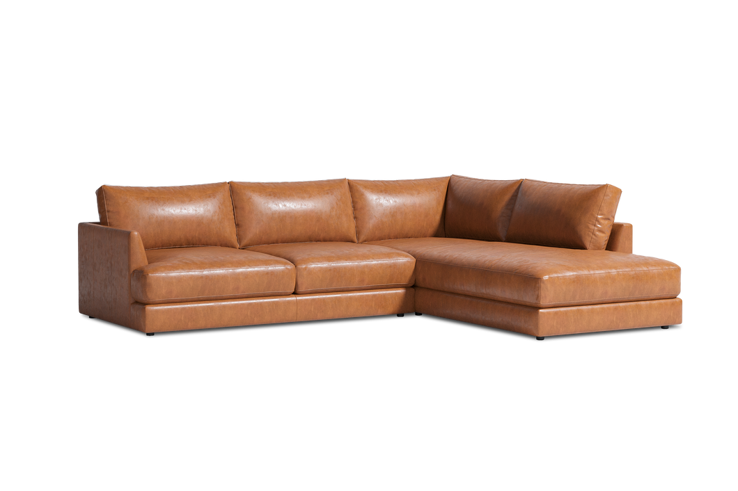 Valencia Serena Leather 2-Piece Right Bumper Chaise Sectional Sofa, Cognac