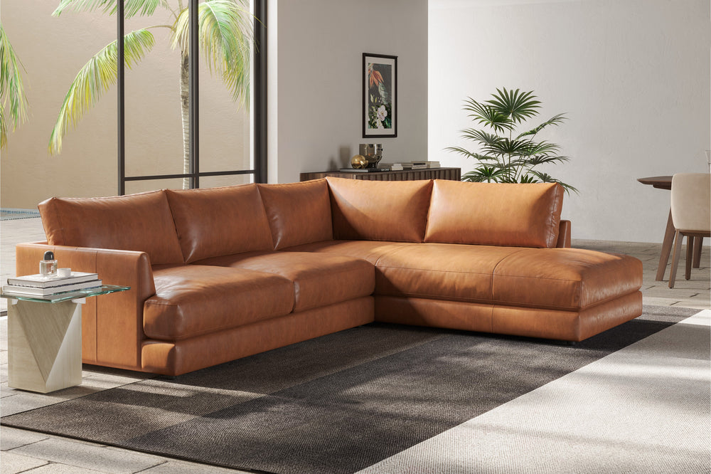 Valencia Serena Leather 2-Piece Right Bumper Chaise Sectional Sofa, Cognac