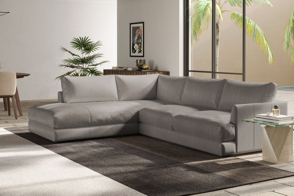 Valencia Serena Leather 2-Piece Left Bumper Chaise Sectional Sofa, Light Grey