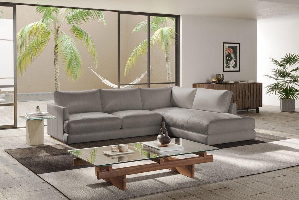 Valencia Serena Leather 2-Piece Right Bumper Chaise Sectional Sofa, Light Grey